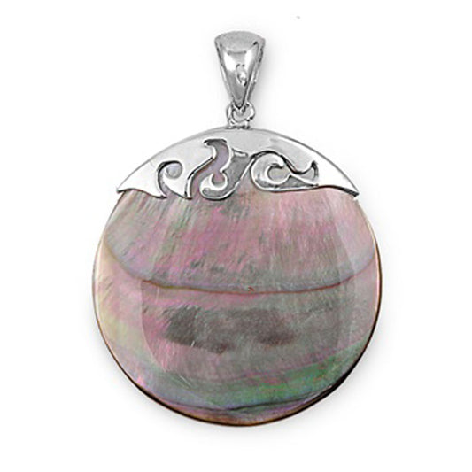 Sterling Silver Round Filigree Tropical Swirl Pendant Simulated Abalone Charm