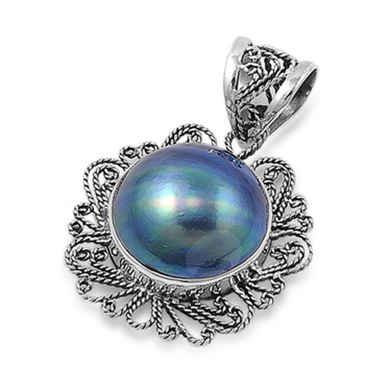 Elegant Rope Filigree Circle Pendant Simulated Pearl .925 Sterling Silver Charm