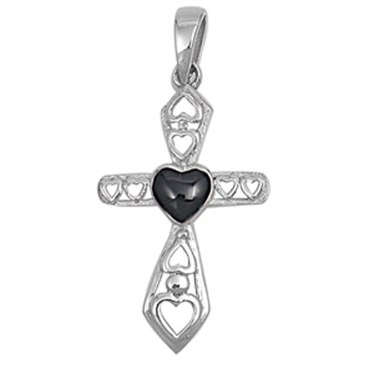 Cutout Heart Cross Pendant Black Simulated Onyx .925 Sterling Silver Charm