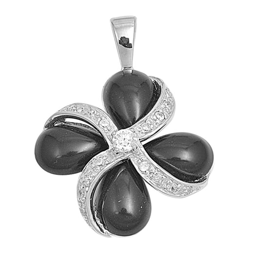 Sterling Silver Wave Fancy Four Leaf Clover Pendant Black Simulated Onyx Charm