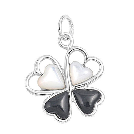 Repeating Heart Shamrock Black Simulated Onyx Pendant .925 Sterling Silver Charm