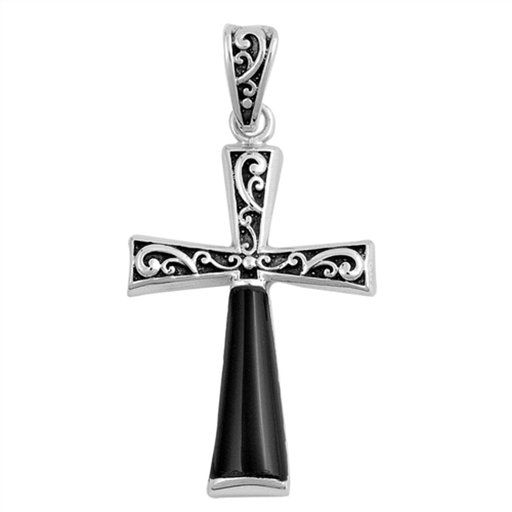 Sterling Silver Oxidized Filigree Swirl Cross Pendant Black Simulated Onyx Charm