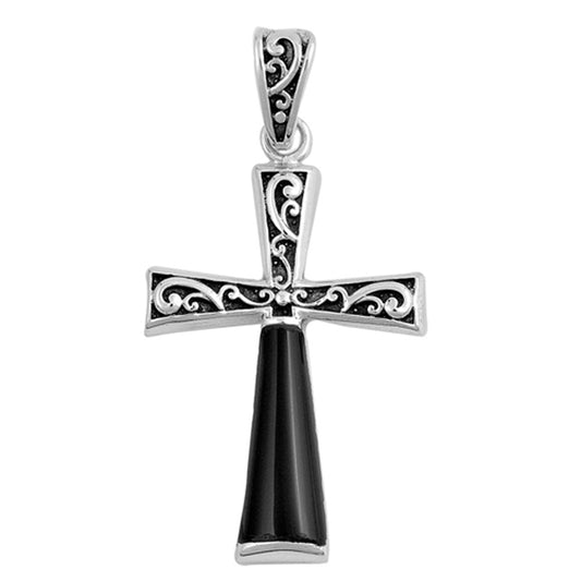 Sterling Silver Oxidized Filigree Swirl Cross Pendant Black Simulated Onyx Charm