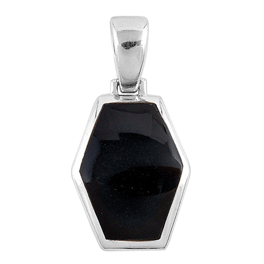 Modern Flat Hexagon Pendant Black Simulated Onyx .925 Sterling Silver Charm