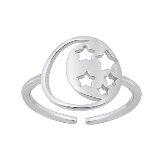 Encircled Crescent Moon & Stars Sterling Silver Celestial Toe Ring 925 New