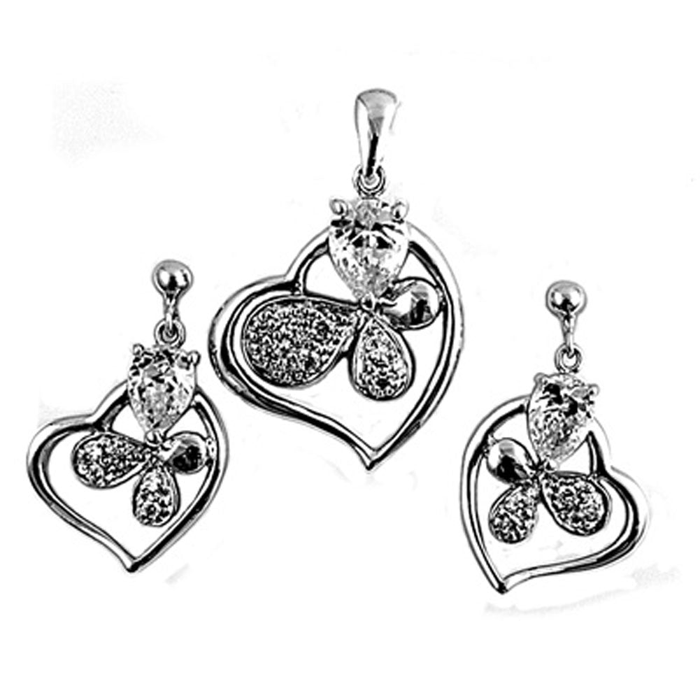 Heart Teardrop Earrings Clear Simulated CZ .925 Sterling Silver Pendant Set