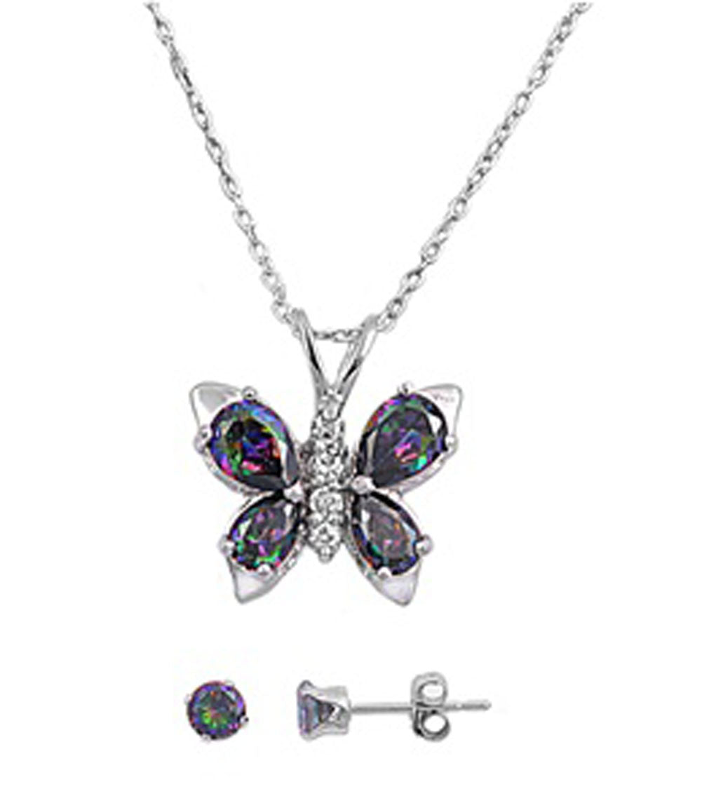 Butterfly Earrings Rainbow Simulated Topaz .925 Sterling Silver Pendant Set