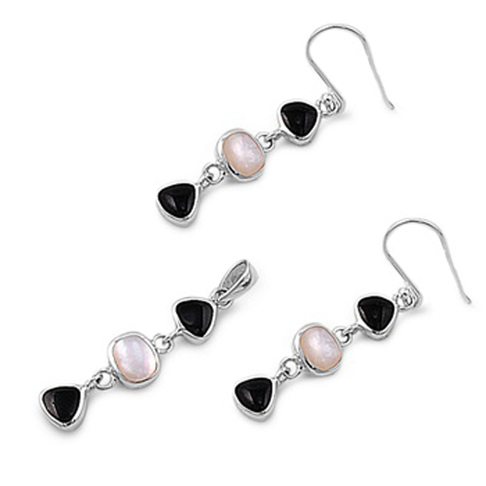 Hanging Earrings Black Simulated Onyx Simulated Mother of Pearl .925 Sterling Silver Pendant Set