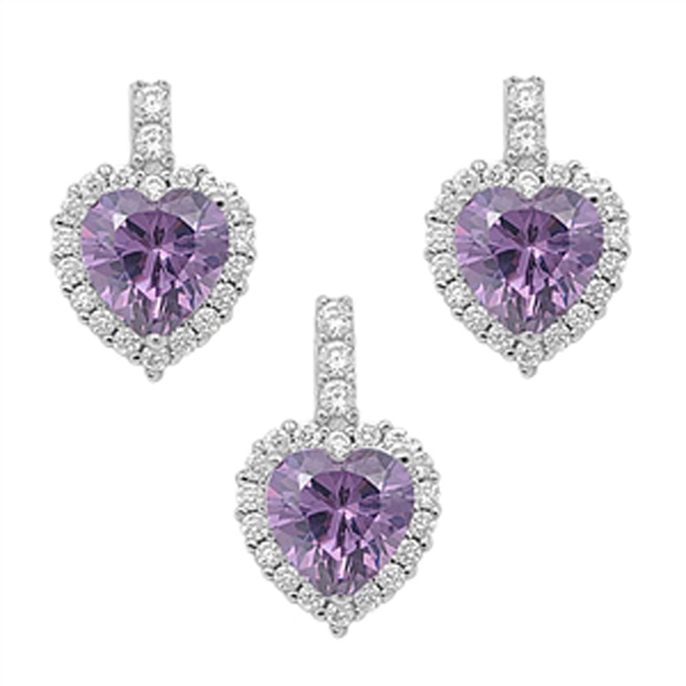 Halo Heart Earrings Simulated Amethyst Clear Simulated CZ .925 Sterling Silver Pendant Set