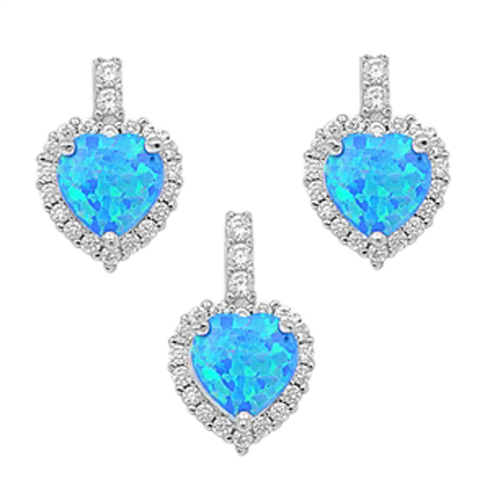 Halo Heart Earrings Blue Simulated Opal Clear Simulated CZ .925 Sterling Silver Pendant Set