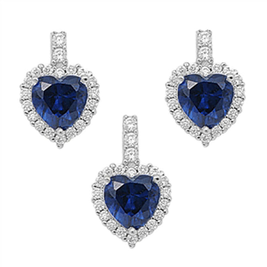 Halo Heart Earrings Blue Simulated Sapphire Clear Simulated CZ .925 Sterling Silver Pendant Set