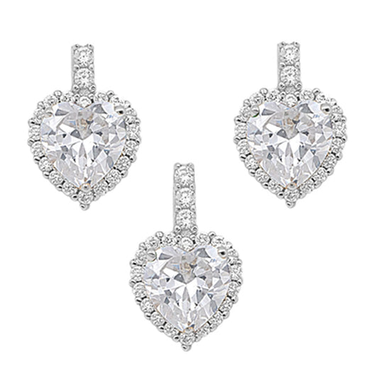 Fancy Sparkly Promise Heart Bridal Clear Simulated CZ .925 Sterling Silver Earrings Pendant Set