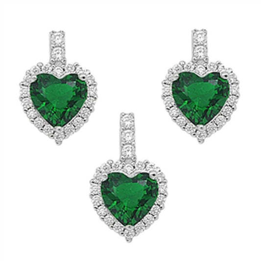 Halo Heart Earrings Simulated Emerald Clear Simulated CZ .925 Sterling Silver Pendant Set