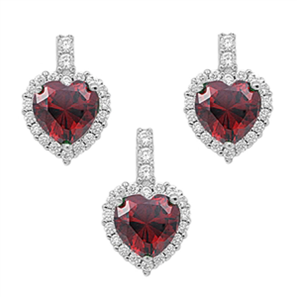 Halo Heart Earrings Simulated Garnet Clear Simulated CZ .925 Sterling Silver Pendant Set