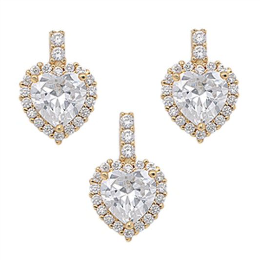 Gold-Tone Halo Heart Earrings Clear Simulated CZ .925 Sterling Silver Pendant Set