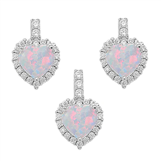 Halo Heart Earrings White Simulated Opal Clear Simulated CZ .925 Sterling Silver Pendant Set